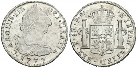 Carlos III (1759-1788). 8 reales. 1777. Potosí. PR. (Cal-978). Ag. 26,87 g. Atractiva. Brillo original. Muy escasa en esta conservación. EBC. Est...35...