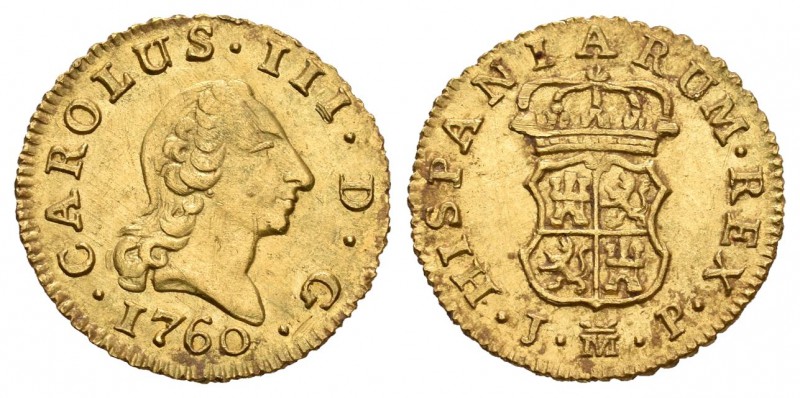 Carlos III (1759-1788). 1/2 escudo. 1760. Madrid. JP. (Cal-753). Au. 1,80 g. Bon...