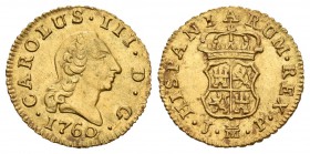 Carlos III (1759-1788). 1/2 escudo. 1760. Madrid. JP. (Cal-753). Au. 1,80 g. Bonito ejemplar. EBC. Est...180,00.