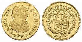 Carlos III (1759-1788). 1/2 escudo. 1778. Madrid. PJ. (Cal-772). Au. 1,77 g. Hoja en anverso. MBC+/EBC-. Est...100,00.