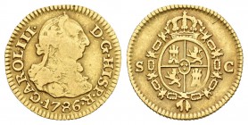 Carlos III (1759-1788). 1/2 escudo. 1786. Sevilla. C. (Cal-806). Au. 1,70 g. El "durillo más raro de esta ceca". Rarísima. MBC-. Est...2000,00.