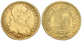 Carlos III (1759-1788). 4 escudos. 1761. Madrid. JP. (Cal-296). (Km-398 'rare' sin precio). Au. 13,18 g. Tipo "cara de rata". Rarísima, sólo cuatro ej...