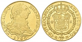 Carlos III (1759-1788). 4 escudos. 1780/79. Madrid. PJ. (Cal-304). Au. 13,48 g. Brillo original. Rara, aún más en esta conservación. EBC+/SC-. Est...9...