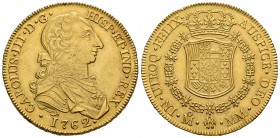 Carlos III (1759-1788). 8 escudos. 1762. México. MM. (Cal-73). (Cal onza-744). Au. 27,04 g. Tipo cara de rata. Pequeñas marcas en el anverso. Muy rara...