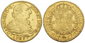 Carlos III (1759-1788). 8 escudos. 1787. Popayán. SF. (Cal-140). (Cal onza-823). Au. 26,89 g. Golpecitos en canto. MBC. Est...950,00.