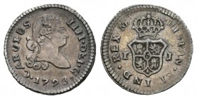 Carlos IV (1788-1808). 1/4 real. 1793. Lima. IJ. (Cal-1373). Ag. 0,82 g. Muy escasa en esta conservación. MBC+. Est...250,00.