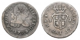 Carlos IV (1788-1808). 1/4 real. 1794. Lima. IJ. (Cal-1374). Ag. 0,79 g. Muy escasa. MBC-. Est...290,00.