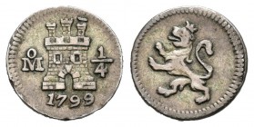 Carlos IV (1788-1808). 1/4 real. 1799/8. México. (Cal-1398). Ag. 0,81 g. Sobrefecha. MBC+. Est...80,00.