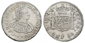 Carlos IV (1788-1808). 1 real. 1793. Lima. IJ. (Cal-1247). Ag. 1,75 g. Segundo busto propio. Escasa. MBC. Est...70,00.