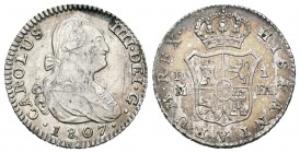Carlos IV (1788-1808). 1 real. 1807. Madrid. FA. (Cal-1131). Ag. 2,95 g. Rayitas en anverso. Restos de brillo original. EBC-/MBC+. Est...90,00.