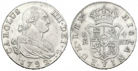 Carlos IV (1788-1808). 4 reales. 1792. Madrid. MF. (Cal-825). Ag. 13,40 g. Pequeñas marcas en anverso. Buen ejemplar. EBC/EBC-. Est...220,00.