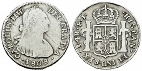 Carlos IV (1788-1808). 4 reales. 1808/807. Santiago. FJ. (Cal-907 variante). Ag. 12,85 g. Sobrefecha. Escasa. BC+. Est...150,00.