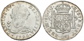 Carlos IV (1788-1808). 8 reales. 1790. Lima. IJ. (Cal-642). Ag. 27,16 g. Busto de Carlos III y ordinal IV. Buen ejemplar. Escasa ene sta consrvación. ...