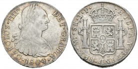 Carlos IV (1788-1808). 8 reales. 1804. Lima. JP. (Cal-661). Ag. 27,51 g. Restos de brillo original. Buen peso. Escasa. EBC-. Est...160,00.