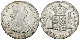 Carlos IV (1788-1808). 8 reales. 1805. Lima. JP. (Cal-662). Ag. 27,25 g. Brillo original. Escasa en esta conservación. EBC. Est...250,00.