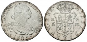 Carlos IV (1788-1808). 8 reales. 1805. Madrid. FA. (Cal-675). Ag. 26,44 g. Mínimas oxidaciones. Brillo original. Escasa. EBC/EBC+. Est...350,00.
