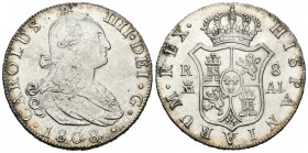 Carlos IV (1788-1808). 8 reales. 1808. Madrid. AI. (Cal-677). Ag. 27,12 g. Leve plata agria, pero buen ejemplar. Brillo original. Rara en esta conserv...