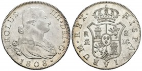 Carlos IV (1788-1808). 8 reales. 1808. Madrid. IG. (Cal-678). Ag. 26,94 g. Atractiva. Brillo original. Muy rara en esta conservación. EBC/EBC+. Est......