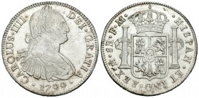Carlos IV (1788-1808). 8 reales. 1799. México. FM. (Cal-694). Ag. 27,01 g. Brillo original. EBC-. Est...160,00.