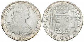 Carlos IV (1788-1808). 8 reales. 1801. México. FT. (Cal-697). Ag. 26,99 g. Vano. Brillo original. EBC-. Est...140,00.