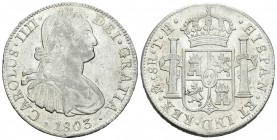 Carlos IV (1788-1808). 8 reales. 1803. México. TH. (Cal-700). Ag. 26,95 g. Restos de brillo original. Muy rara en esta conservación. EBC. Est...525,00...
