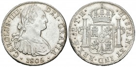 Carlos IV (1788-1808). 8 reales. 1805. México. TH. (Cal-703). Ag. 26,97 g. Anverso limpiado, pero buen ejemplar. Brillo original. EBC/EBC+. Est...150,...