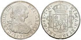 Carlos IV (1788-1808). 8 reales. 1808. México. TH. (Cal-707). Ag. 26,89 g. Atractiva. Brillo original. EBC+/SC-. Est...300,00.
