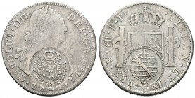 Carlos IV (1788-1808). 8 reales. 1801. Potosí. PP. (Cal-721). (De Mey-407 y 408). Ag. 26,93 g. Doble resello de Minas Gerais para circular por Brasil ...