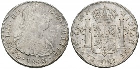 Carlos IV (1788-1808). 8 reales. 1803. Potosí. PJ. (Cal-726). Ag. 26,84 g. Golpecito en canto. Restos de brillo original. EBC/EBC+. Est...180,00.