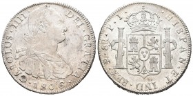 Carlos IV (1788-1808). 8 reales. 1806. Potosí. PJ. (Cal-730). Ag. 27,02 g. Brillo original. Rara en esta conservación. EBC+/SC-. Est...400,00.