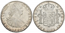 Carlos IV (1788-1808). 8 reales. 1796/5. Santiago. DA. (Cal-741). Ag. 26,96 g. Brillo original. Rara, aún más en esta conservación. MBC+. Est...900,00...