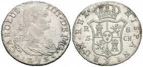 Carlos IV (1788-1808). 8 reales. 1793. Sevilla. CN. (Cal-770). Ag. 26,83 g. Brillo original en reverso. Escasa. MBC+/EBC-. Est...300,00.
