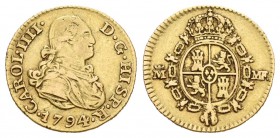 Carlos IV (1788-1808). 1/2 escudo. 1794. Madrid. MF. (Cal-614). Au. 1,67 g. Rara. MBC-. Est...500,00.
