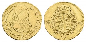 Carlos IV (1788-1808). 1/2 escudo. 1795. Madrid. MF. (Cal-615). Au. 1,75 g. Muy rara. MBC-. Est...900,00.