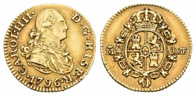 Carlos IV (1788-1808). 1/2 escudo. 1796. Madrid. MF. (Cal-616). Au. 1,75 g. Buen ejemplar para este tipo. Muy rara. MBC-. Est...900,00.