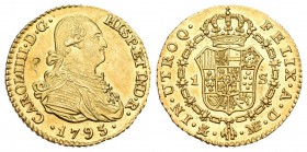 Carlos IV (1788-1808). 1 escudo. 1793. Madrid. MF. (Cal-42). Au. 3,34 g. Contramarca en anverso. Brillo original. SC-/SC. Est...375,00.