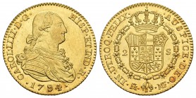 Carlos IV (1788-1808). 2 escudos. 1794/3. Madrid. MF. (Cal-328 variante). Au. 6,71 g. Variante por sobrefecha. Brillo original. SC-. Est...600,00.