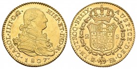 Carlos IV (1788-1808). 2 escudos. 1807. Madrid. FA. (Cal-350). Au. 6,70 g. Brillo original. SC-. Est...600,00.