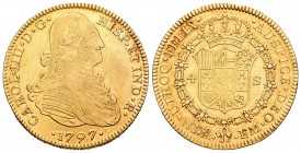 Carlos IV (1788-1808). 4 escudos. 1797. México. FM. (Cal-217). Au. 13,47 g. Marcas en anverso. Restos de brillo original. Rara. MBC/MBC+. Est...1200,0...