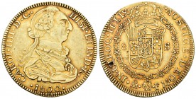 Carlos IV (1788-1808). 8 escudos. 1800. México. FM. Au. 27,08 g. Curiosa falsa de época con el busto de Carlos III. Magnífico ejemplar para este tipo ...