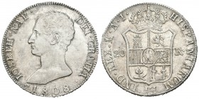 José Napoleón (1808-1814). 20 reales. 1808. Madrid. AI. (Cal-23). Ag. 27,01 g. Rara. EBC-. Est...500,00.