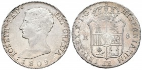José Napoleón (1808-1814). 8 reales. 1809. Madrid. IG. (Cal-33). Ag. 26,67 g. Parte de brillo original. Rara. MBC+. Est...600,00.