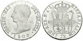 José Napoleón (1808-1814). 20 reales. 1809. Madrid. AI. (Cal-24). Ag. 27,42 g. Buen ejemplar. Brillo original. EBC+/SC-. Est...650,00.