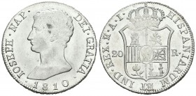 José Napoleón (1808-1814). 20 reales. 1810. Madrid. AI. (Cal-25). Ag. 27,72 g. Flequillo pegado a la frente. Águila grande. Brillo original. EBC+. Est...