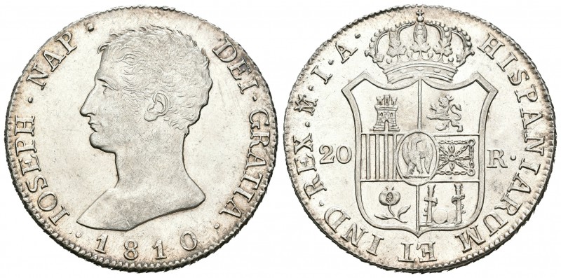 José Napoleón (1808-1814). 20 reales. 1810. Madrid. IA. (Cal-26). Ag. 26,79 g. M...
