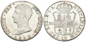 José Napoleón (1808-1814). 20 reales. 1810. Madrid. IA. (Cal-26). Ag. 26,79 g. Mínimas marcas en anverso. Pleno brillo original. Magnífico ejemplar. M...