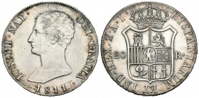 José Napoleón (1808-1814). 20 reales. 1811. Madrid. (Cal-27). Ag. 26,91 g. Limpiada, aún así bonito ejemplar. Escasa en esta conservación. EBC. Est......