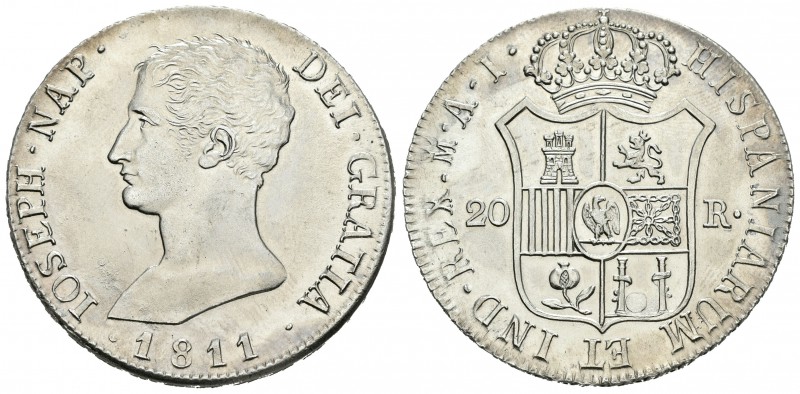 José Napoleón (1808-1814). 20 reales. 1811. Madrid. AI. (Cal-29). Ag. 26,66 g. Á...