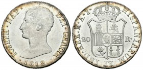 José Napoleón (1808-1814). 20 reales. 1812. Madrid. AI. (Cal-30). Ag. 26,81 g. Pleno brillo original. Magnífica. SC. Est...800,00.