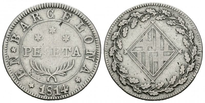 José Napoleón (1808-1814). 1 peseta. 1814. Barcelona. (Cal-51). Ag. 5,29 g. Rara...